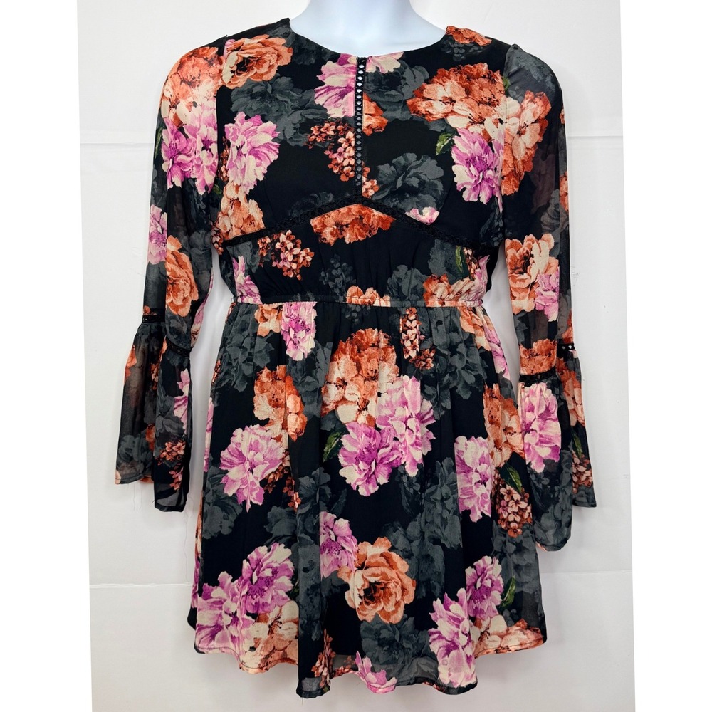Womens Floral Mini Dress L Black Pink Orange Bell Sleeve Cottage Whimsigoth Boho